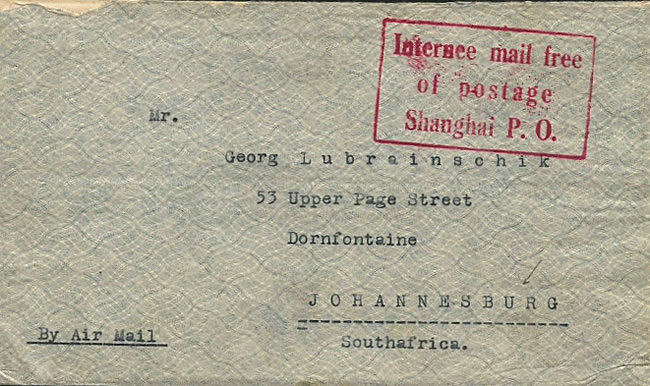 Lettre d'un interné sud-africain en franchise de Shanghai 1945