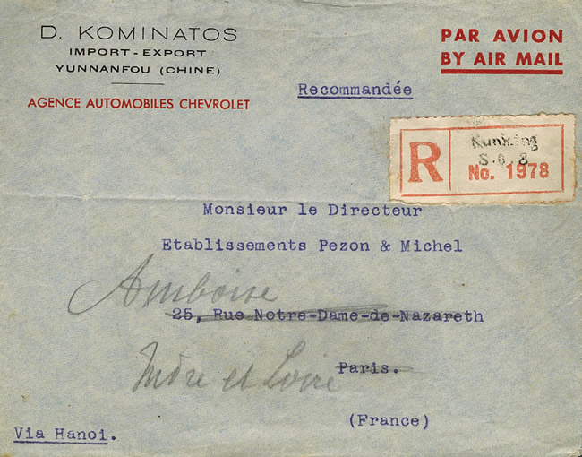 Lettre recommandée par avion de Kunming  vers Amboise janvier 1940