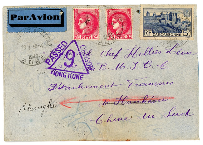 Lettre avion de France pour Hankeou réexpédiée pour Shanghai avril 1940