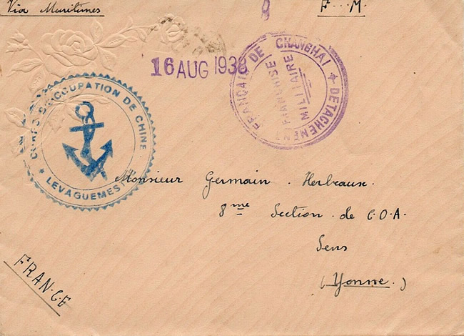 Lettre en franchise de Shanghai pour l'Yonne passée par la voie maritime