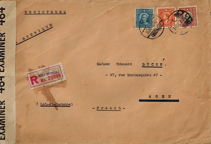Lettre recommandée de Shanghai pour Agen par la voie maritime pacifique puis atlantique
