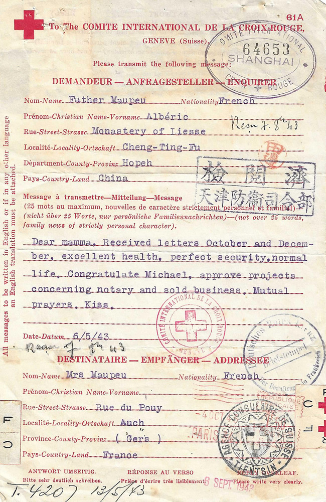 Message Croix-Rouge du Hopeh vers Auch mai 1943 
