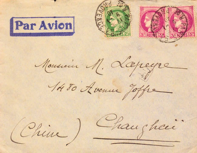 lettre Paris Changhai janvier 1940