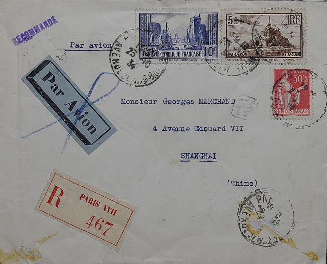 Lettre de Paris pour Shanghai par avion 1934
