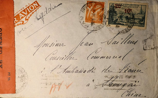 Lettre de Pau à Shanghai par la voie du Moyen-Orient 1941