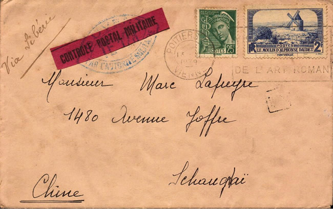 Lettre censurée de Poitiers à Shaghai novembre 1939
