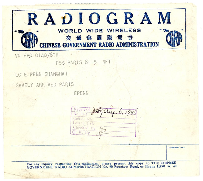 Radiogramme distribué à Shanghai indiquant l'arrivée d'un rapatrié à Paris