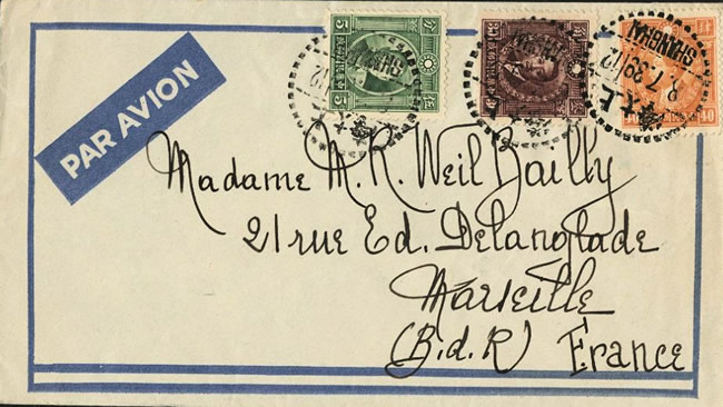 Lettre para avion  KLM de Shanghai à Marseille 1939