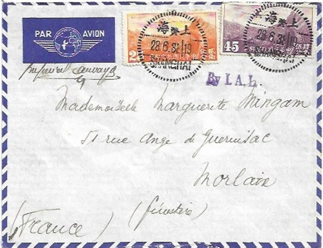 Lettre de Shanghai pour Morlaix(Finistère) passée par IAL/BOAC