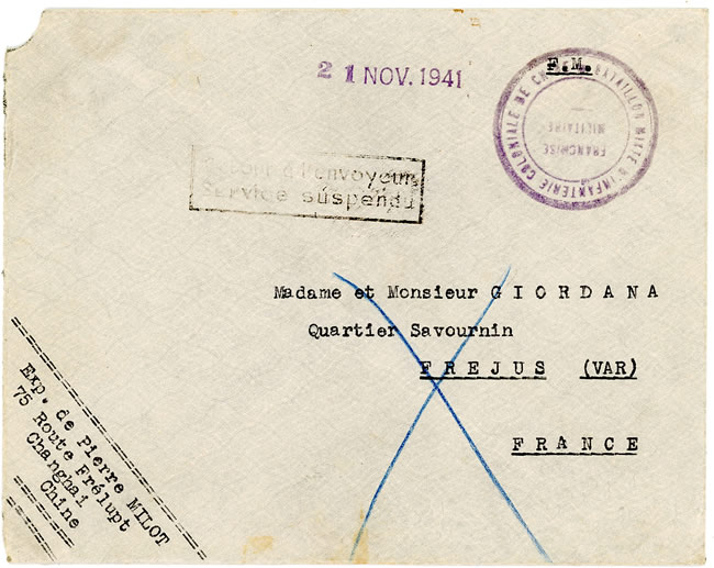 Lettre de Shaghai pour stoppée à Haiphong en raison de Pearl Harbor