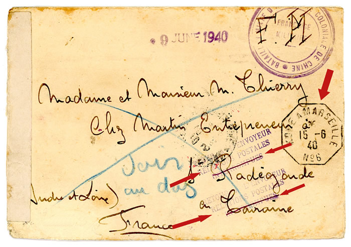 Lettre de Shaghai pour la zone occupée ayant fait plusieurs fois le tour du monde en 1940