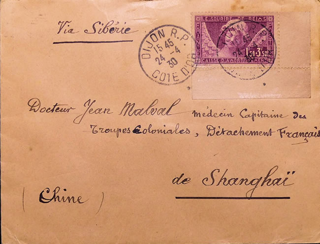 Lettre pour Shanghai affranchie avec un timbre sourire de Reims