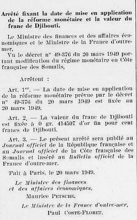 Arr^été portant création du franc Djibouti