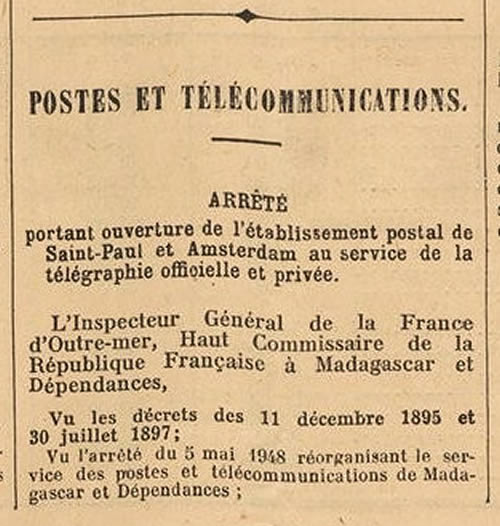 création bureau de poste des iles St pal et amsterdam