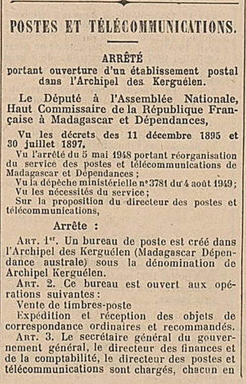 Création bureau postal de Kerguelen