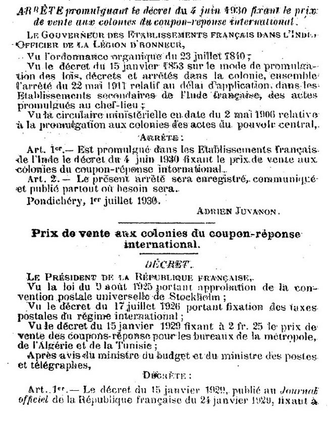 Tarif des coupons-réponse internationaux au départ de l'Inde