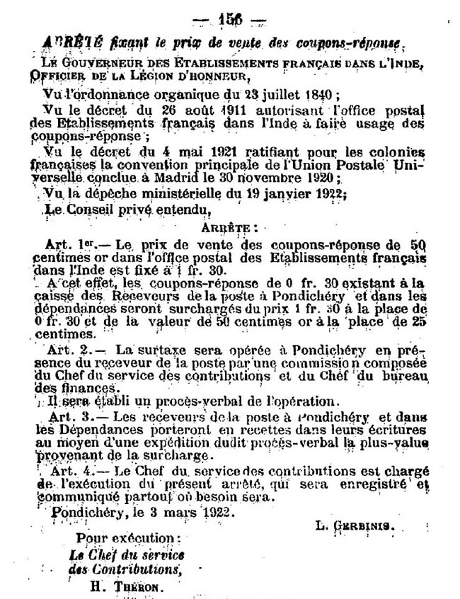 Prix des coupons-réponse 3 mars 1922