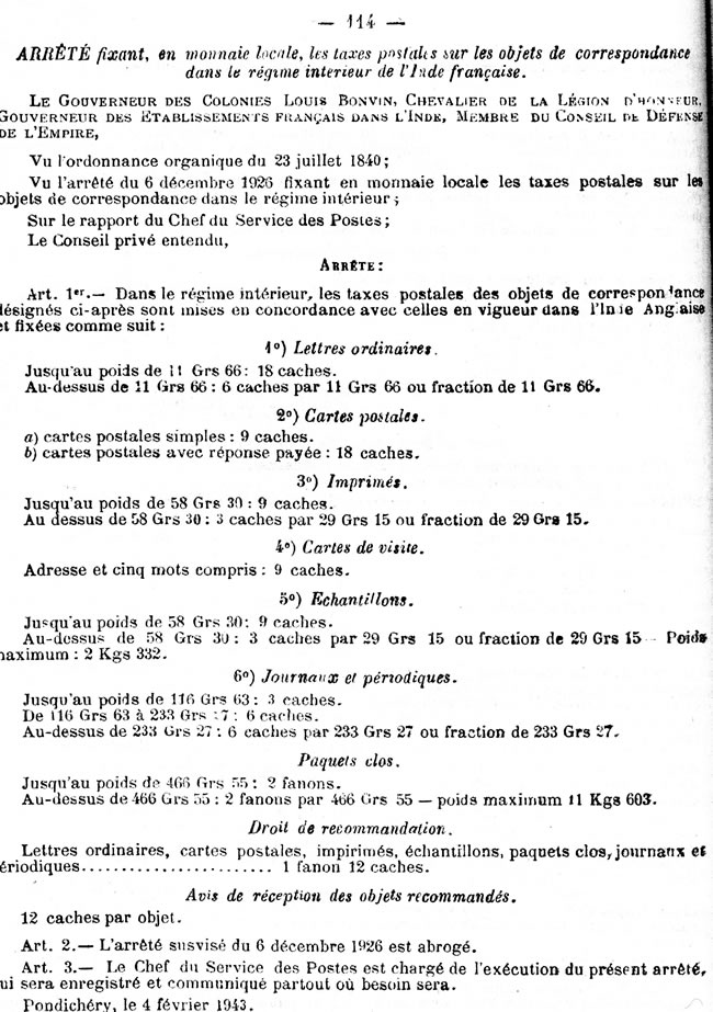 tarif interieur Inde 4 février 1943