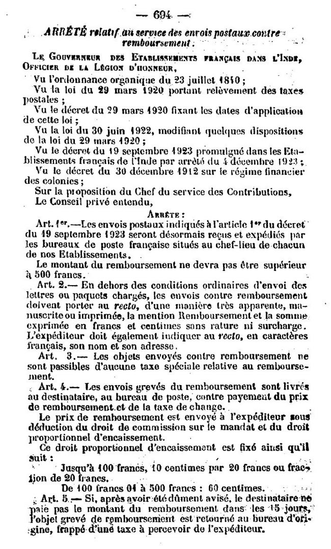 Tarif Inde envois contre remboursements 1923