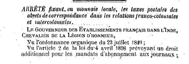 Tarif franco-collonial au départ de l'Inde 6/12/1926