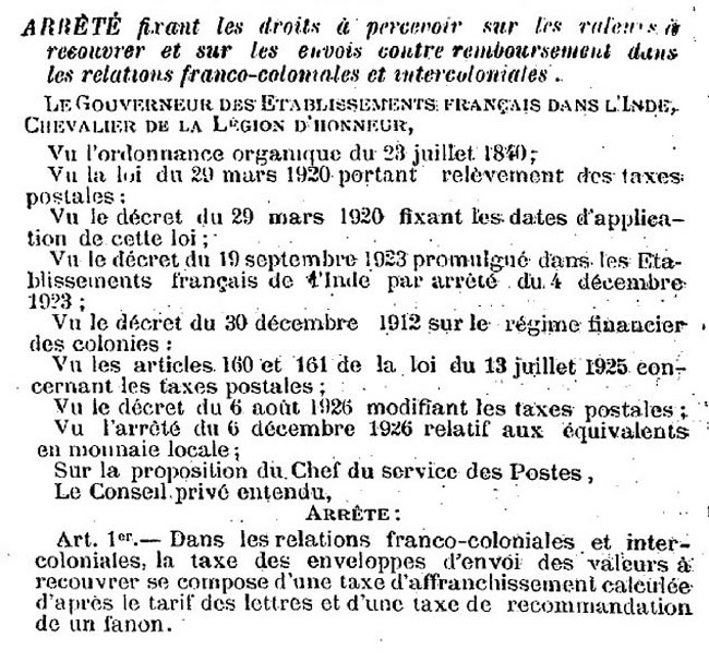 Tarif Inde contre-remboursement 1926