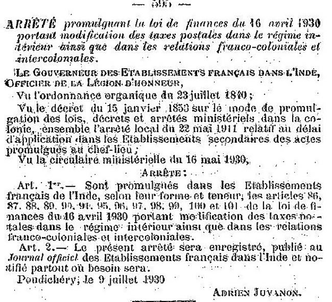 Tarif Inde 9 juillet 1930