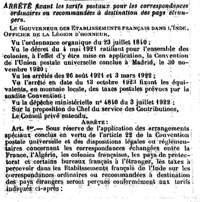 Tarif étranger au départ de l'Inde 9 aout 1924