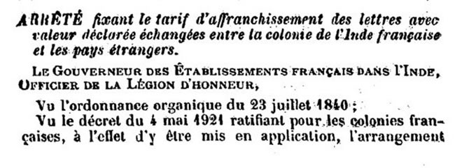 Tarif Inde Valeurs déclarées pour l'étranger  9/8/1924