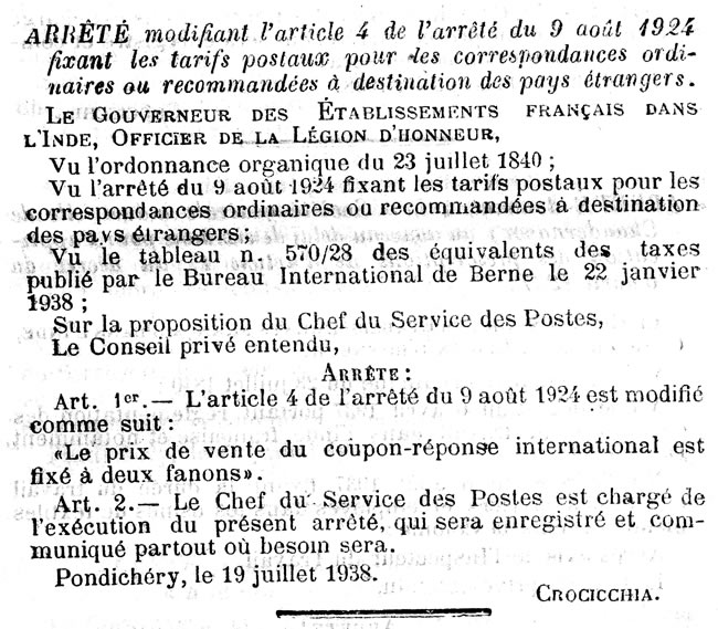 Tarif des coupons-réponse internationaux au départ de l'Inde 19/7/1938