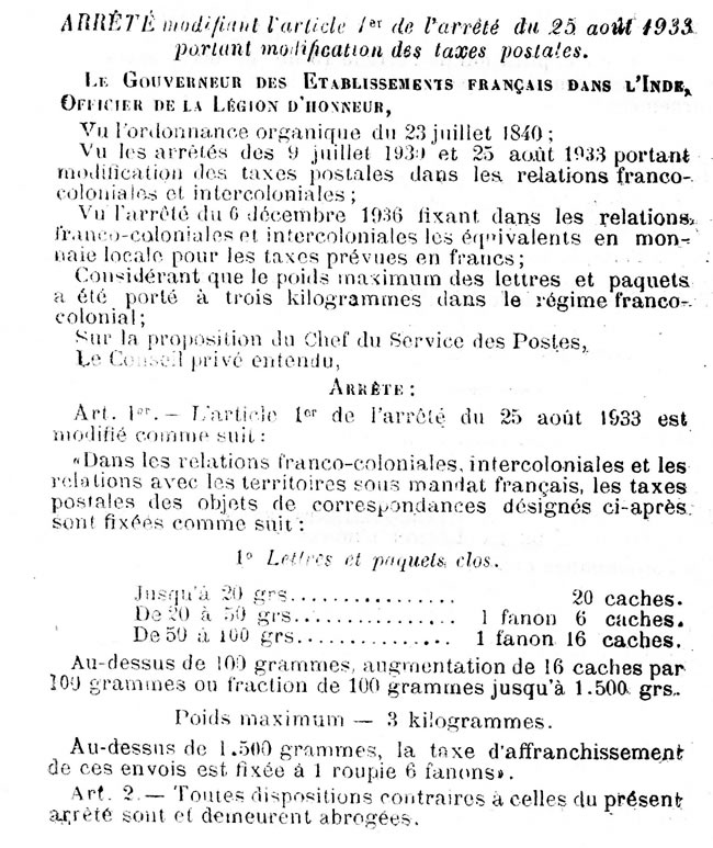 Tarif Inde 20/5/0938 franco-colonial