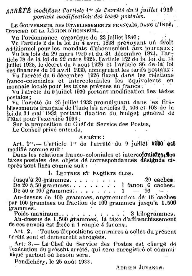 Tarif Inde 25/8/1933 franco-colonial