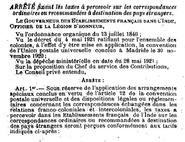Tarif étranger 26 aout 1921