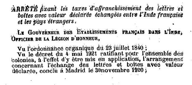 Tarif étranger valeurs déclarées 26/8/1921