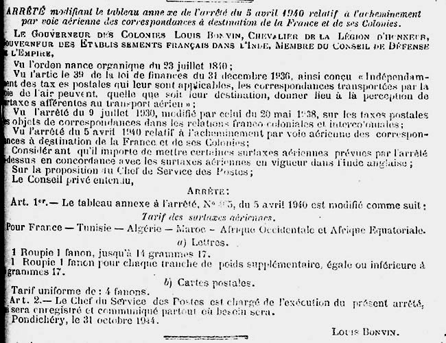 Surtaxes aériennes au départ de l'Inde 31-10-1944