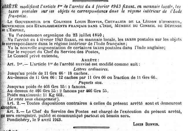 Modification du tarif intérieur en Inde 9/4/43