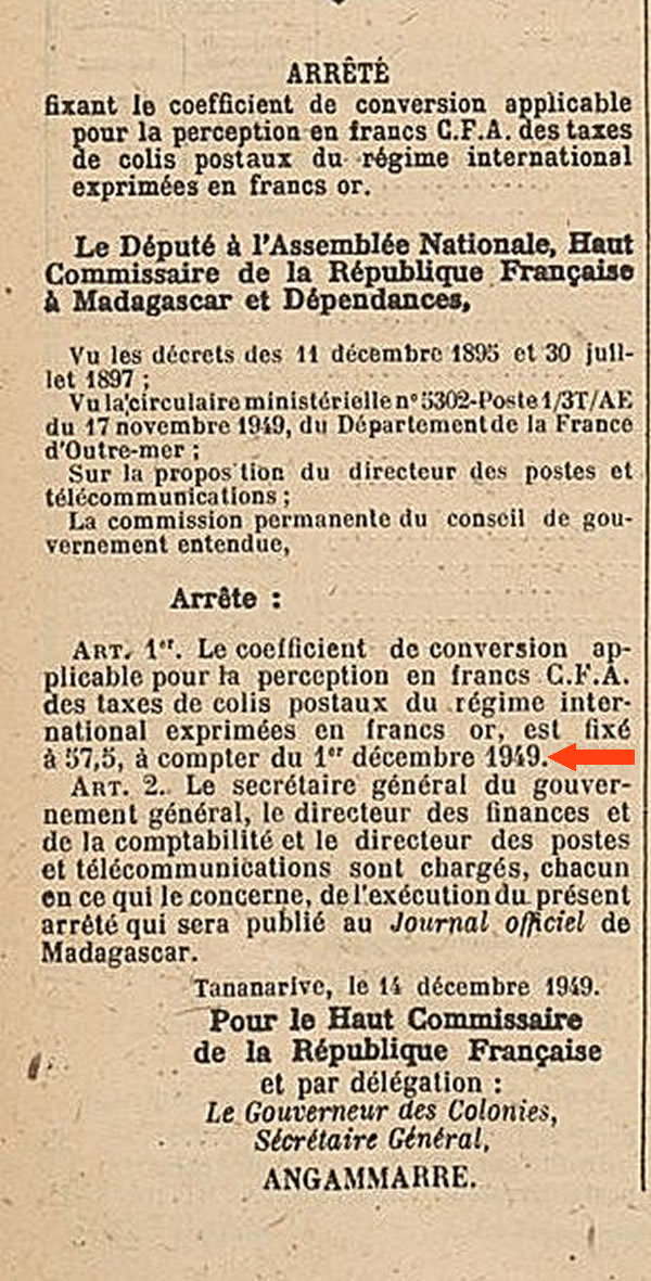 taux  de conversion des francs-or 01/12/49