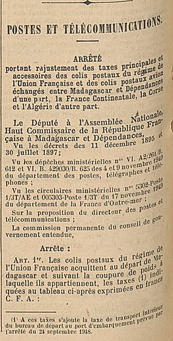 Tarif colis postaux 14/12/49