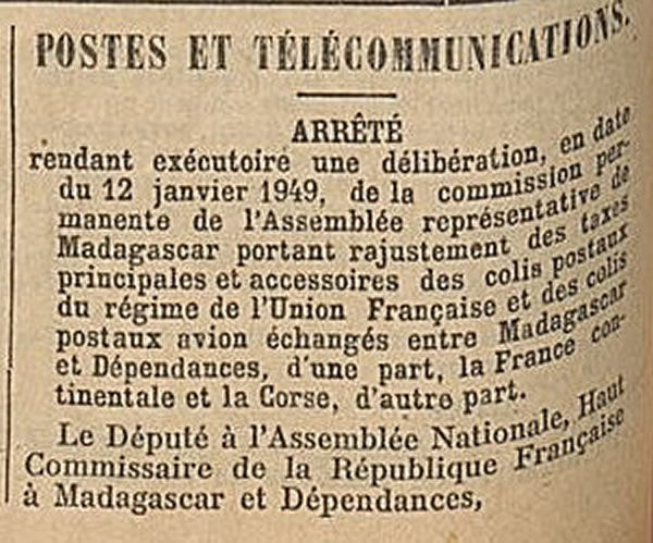 tarif colis postaux 24 janvier 1949