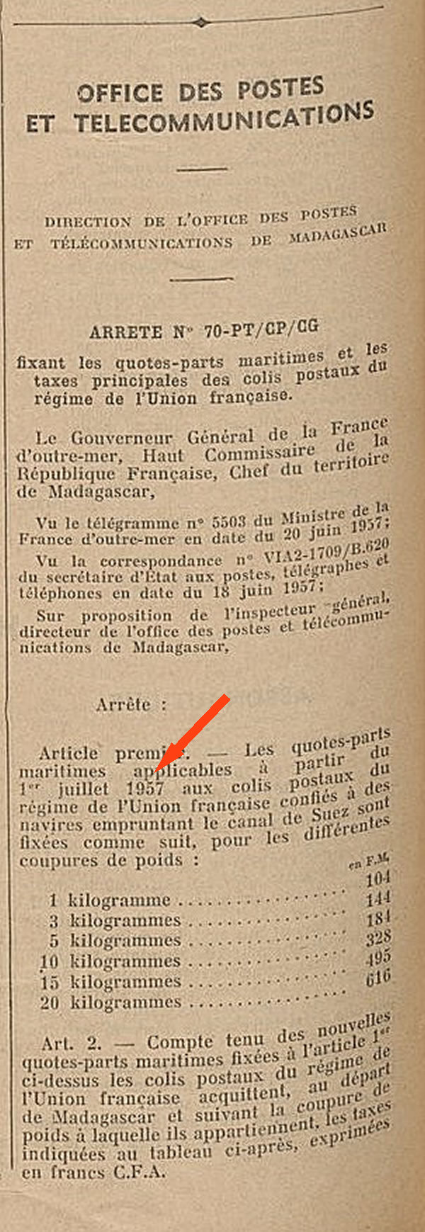 Tarif colis postaux 27 juillet 1957