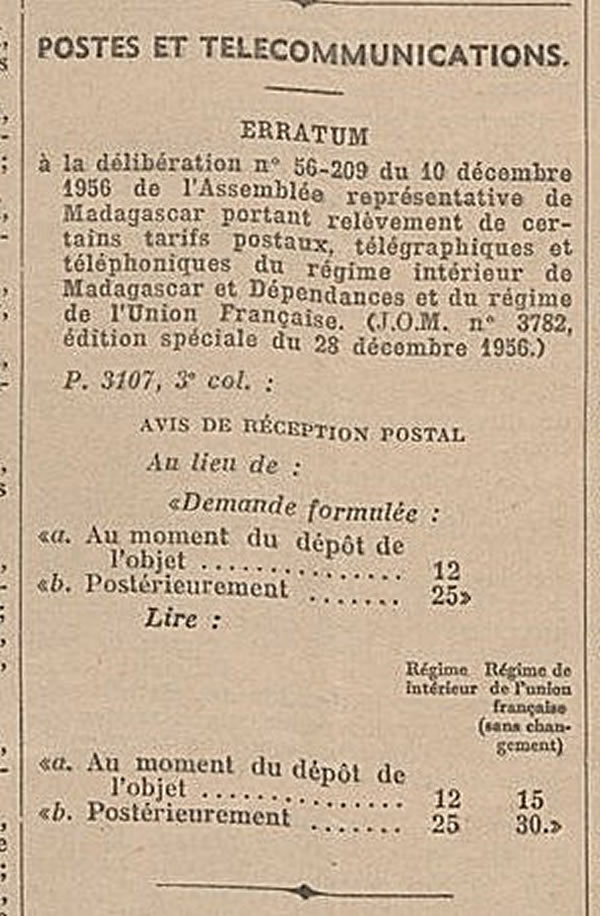 erratum au tarif du 1/1/57