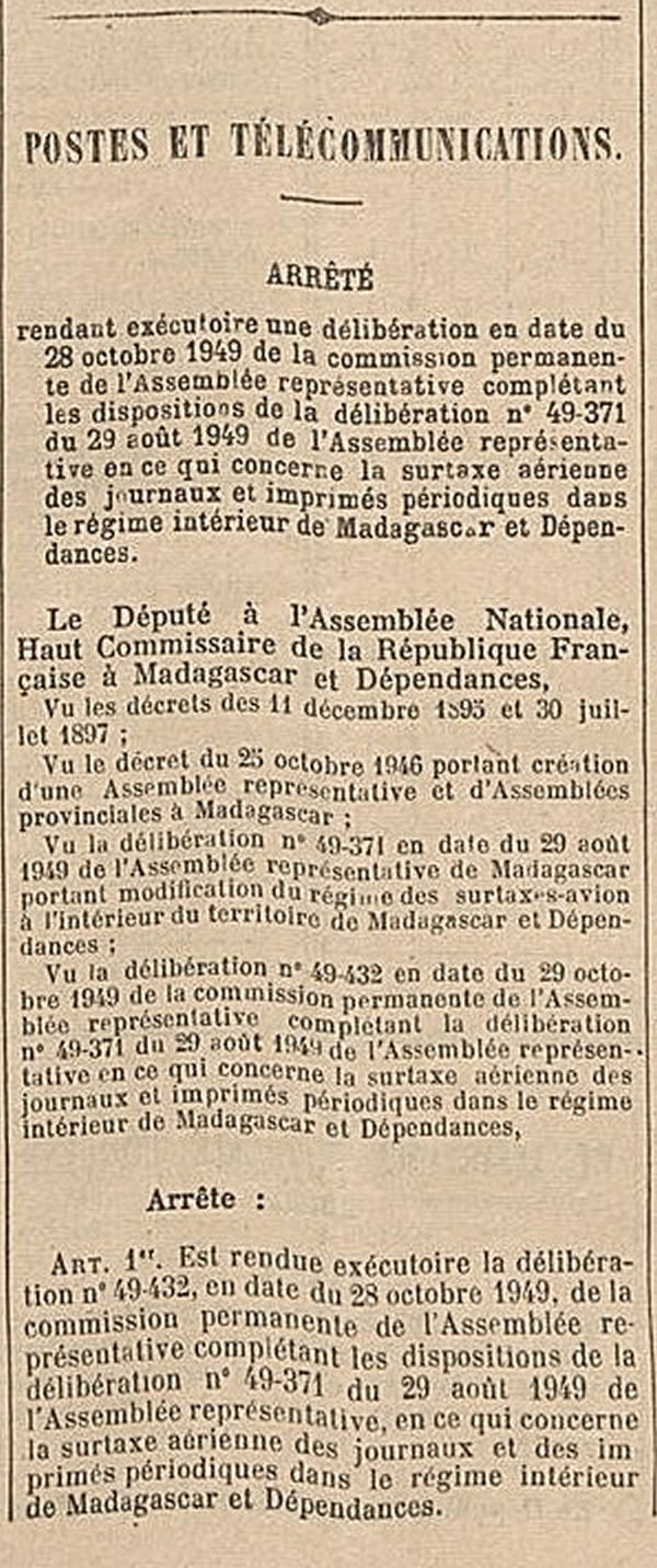 Modification du tarif des journaux dans le régime intérieur 16/11/1949