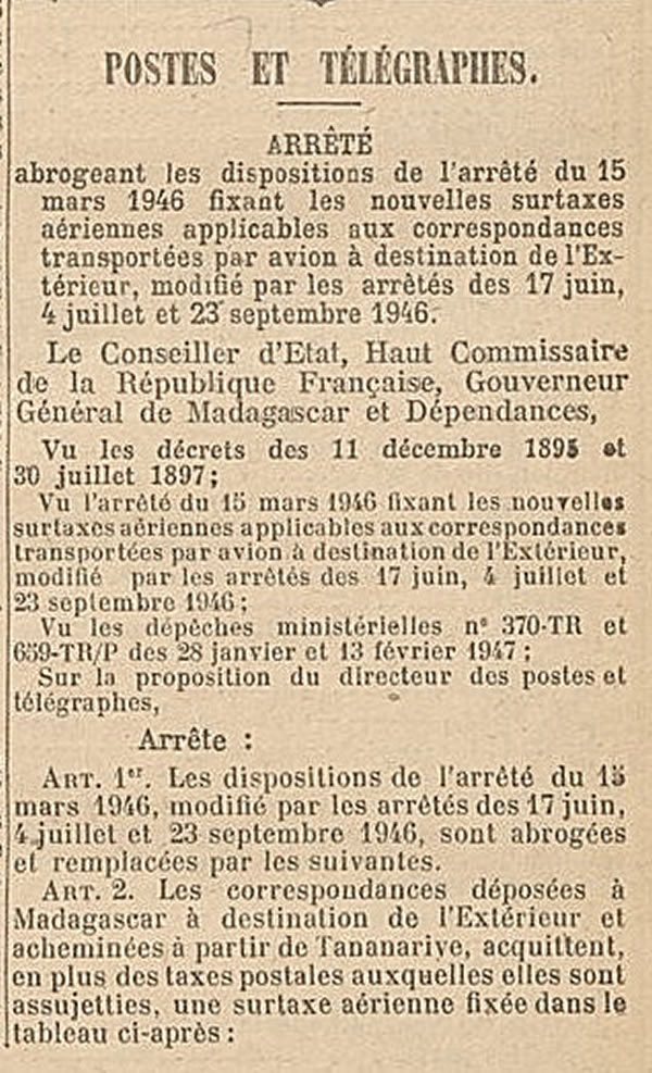 Surtaxes aériennes 10 juin 1946 au départ de Madagascar