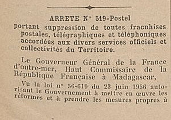 Suppression de toutes les franchises à Madagascar 1er janvier 1958