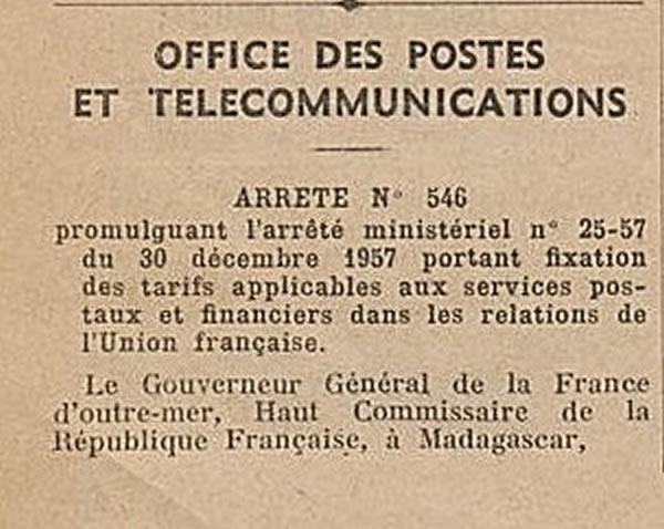 tarif Union Française 01/01/58