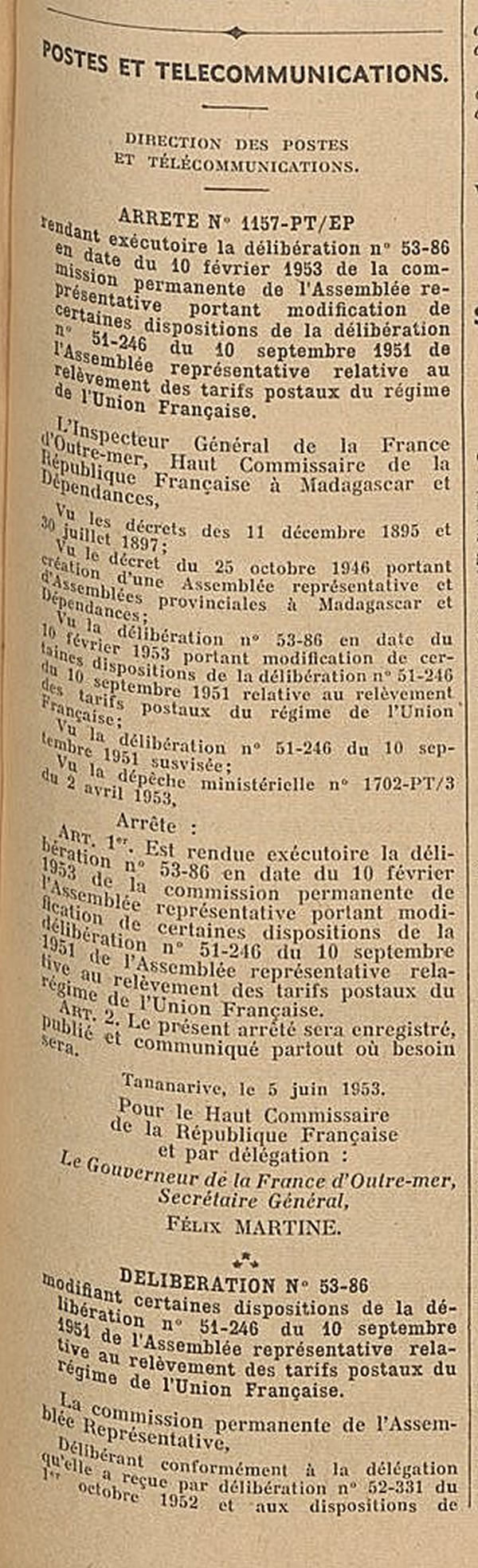 Tarif Union Française juin 1953
