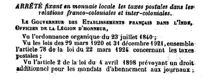 Tarif franco-colonial audépart de l'Inde 9 aout 1924