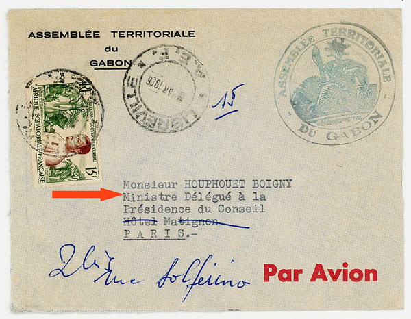 Lettre du Gabon adressée à Houphoet-Boigny Ministre délégué 1956