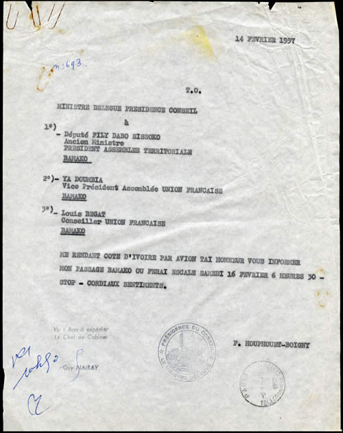 Télégramme officiel Houphouet Boigny