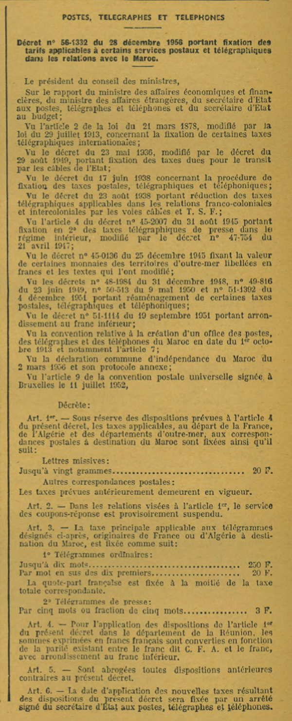 Nouveaux tarifs postaux en France vers le Maroc après l'Indépendance