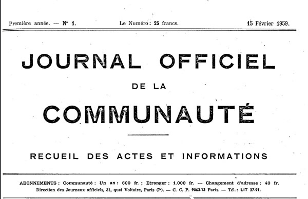 Premier Numéro du Journal Officiel de la Communauté